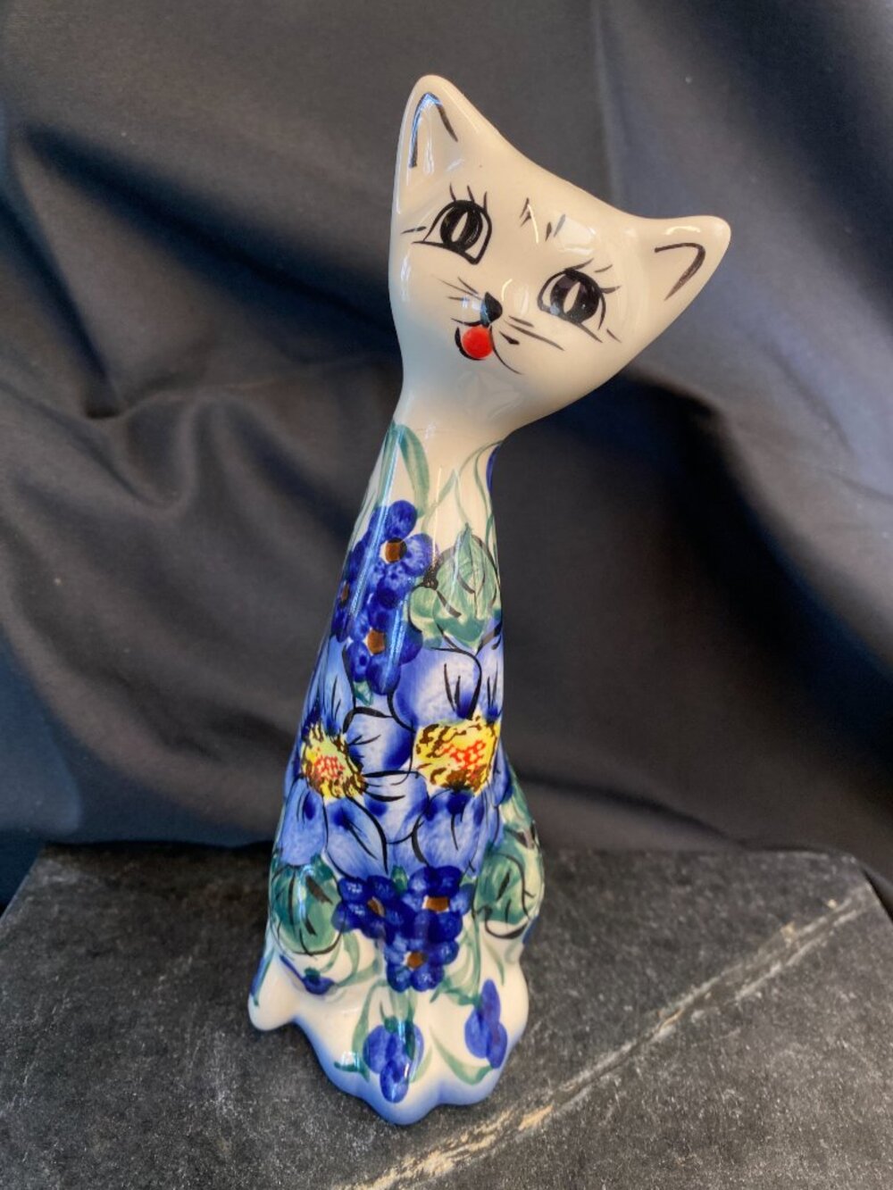 Rescued! Vintage Hand-Painted Polish Ceramic Long-Neck Cat Figurine Repaired